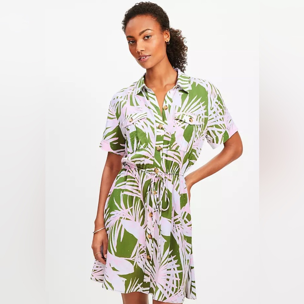 LOFT Green and Pink Mini Dress with Tropical Print